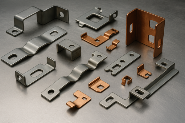 High-resolution photo of custom stamped metal parts including steel and copper brackets, clips, and connectors arranged on a brushed metallic surface.