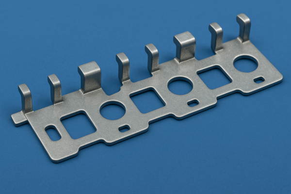 A high-resolution feature image of a custom metal stamping part. The part is made of galvanized steel with precise cutouts, clean edges, and formed bends, displayed neatly on a plain industrial background.