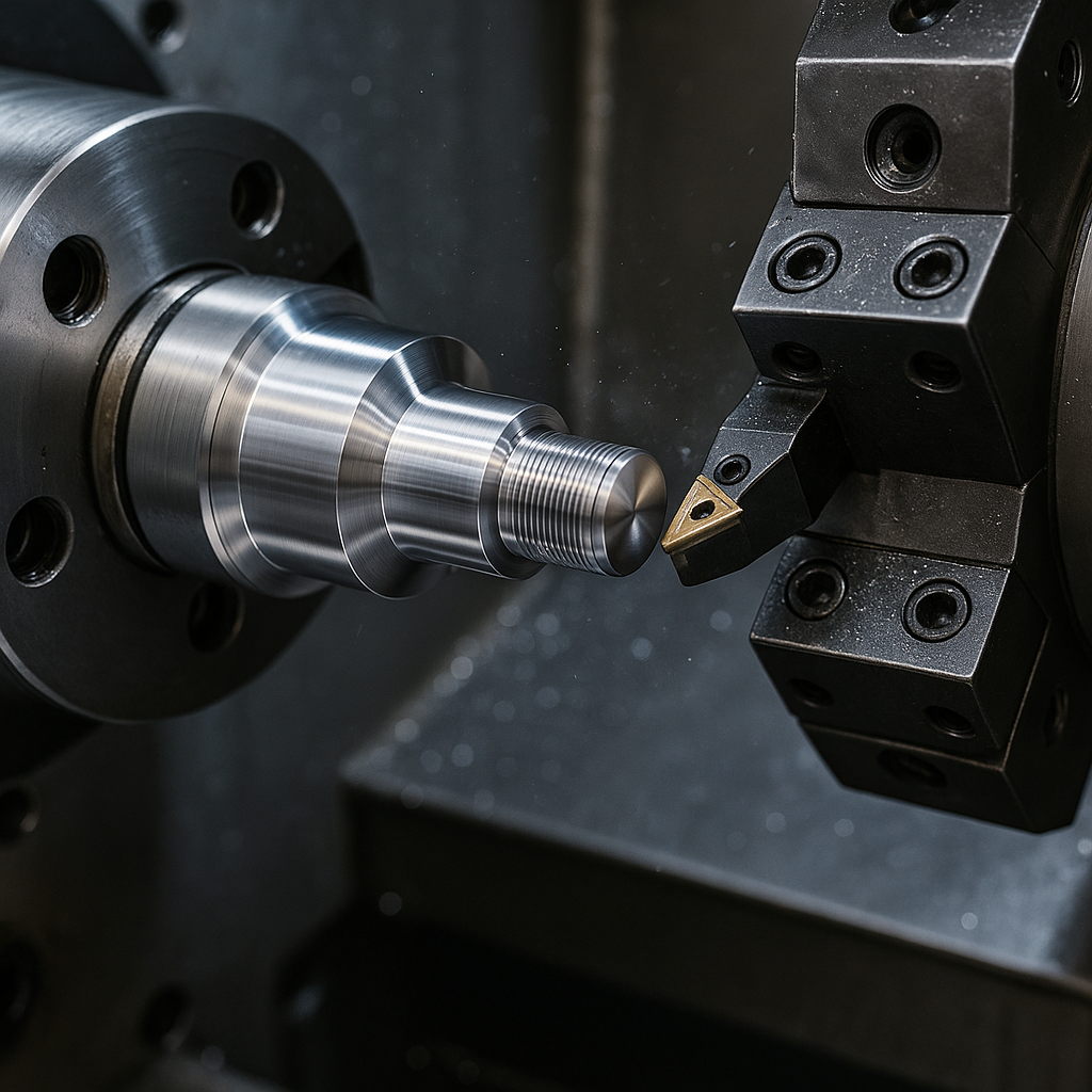 CNC turning process of a custom metal part with a cutting tool engaged on a rotating cylindrical workpiece.