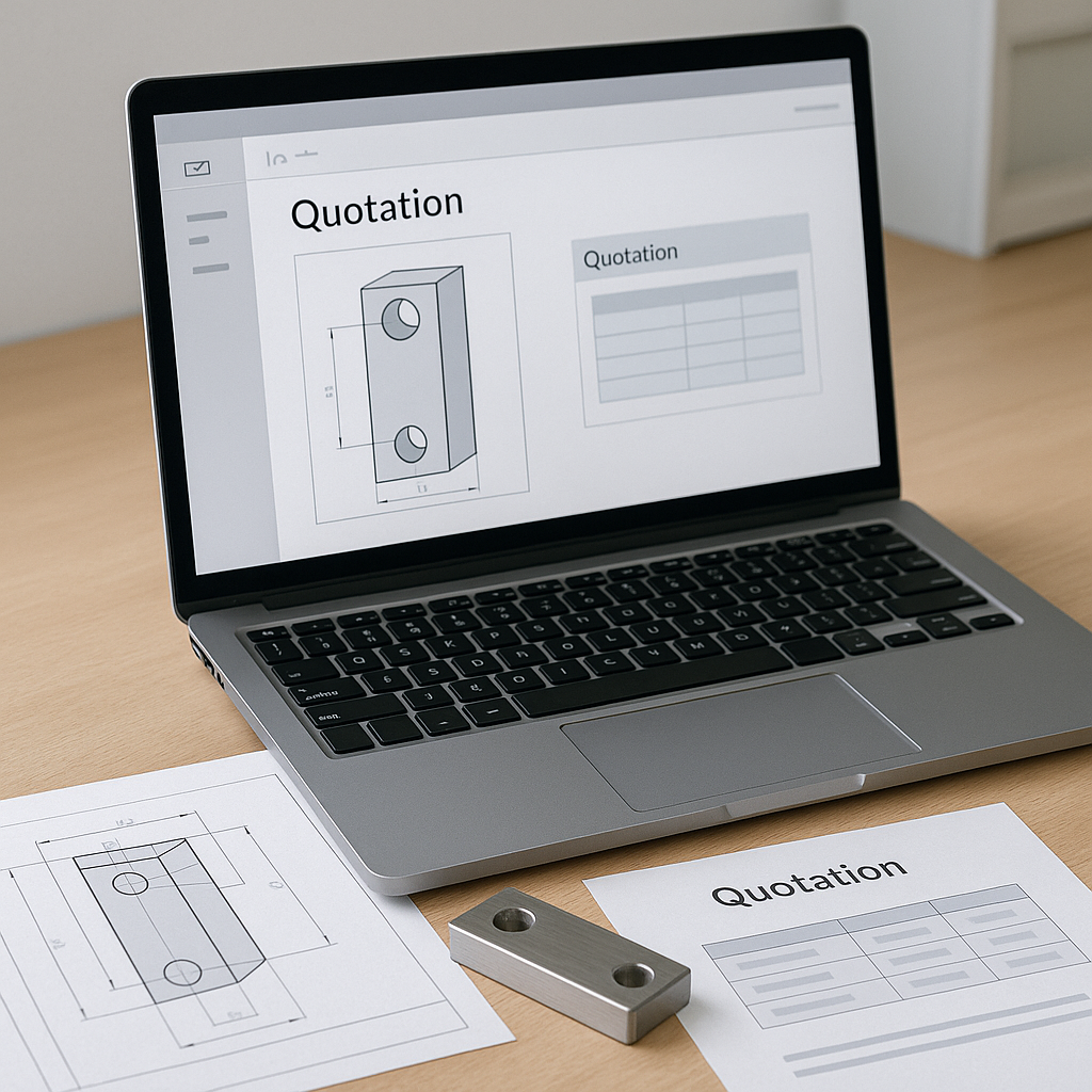 Laptop on a desk displaying a quotation form with custom metal part drawings, surrounded by blueprints and a sample component, symbolizing the process of sending quotations to clients.