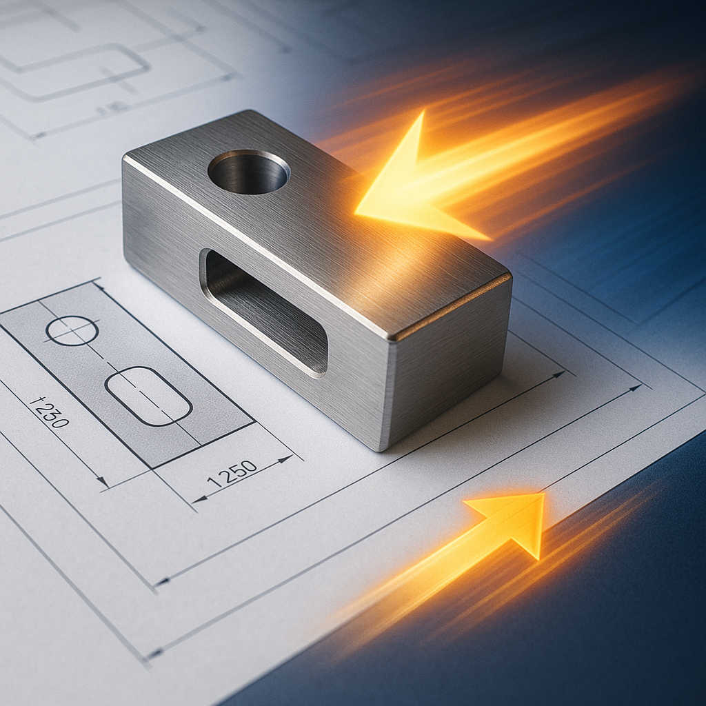 Custom metal part on engineering blueprints with glowing arrows and light streaks, symbolizing expedited manufacturing and fast delivery services.