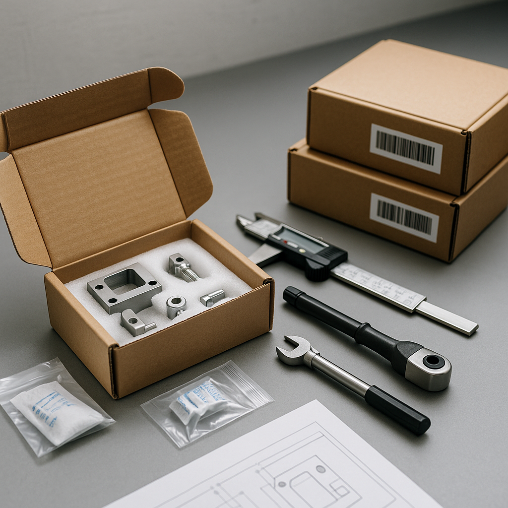 Spare custom metal parts packed in foam inside an open carton, with inspection tools and sealed boxes nearby, symbolizing reliable after-sales service and maintenance support.
