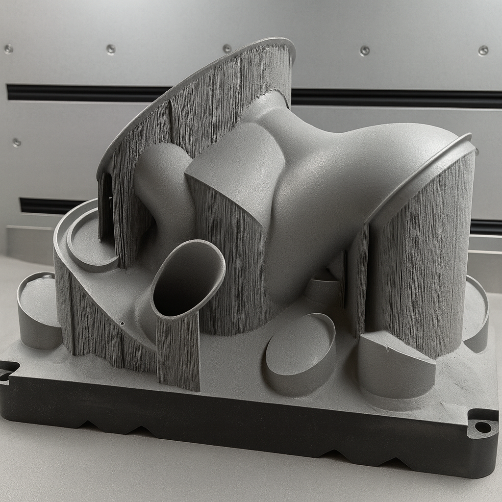 Complex 3D-printed metal component with detailed support structures on a build platform inside an industrial printer.