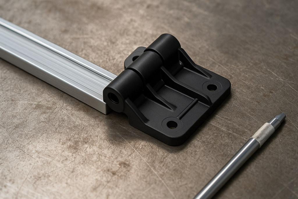 Custom plastic hinge mounted on a molding guide rail, shown as a functional example on a production workbench.