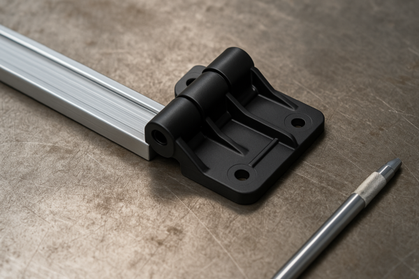 Custom plastic hinge mounted on a molding guide rail, shown as a functional example on a production workbench.