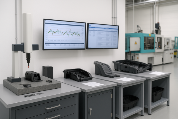 Prime supplier audit setup with metrology workstation, SPC charts displayed on dual monitors, and standardized work instructions at each QA station.