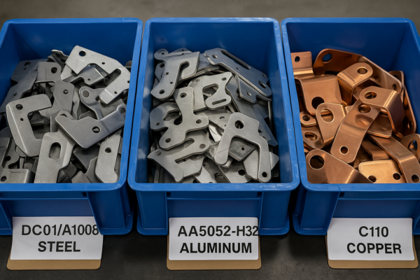 Close-up of stamped metal parts stored in three pallets: DC01/A1008 steel parts in gray, AA5052-H32 aluminum parts in silver, and C110 copper parts in reddish-brown.