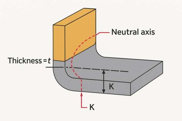 Cross-sectional sketch of a stamped sheet metal bend showing varying sheet thicknesses, neutral axis location, and K-factor marking.