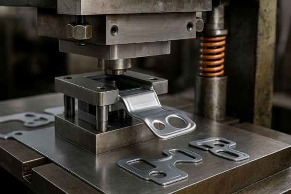 Close-up of a custom metal stamping press forming sheet metal into precision parts, showing the die set and freshly stamped components on the work surface.