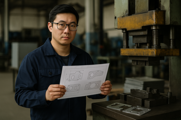 Portrait-style image of an Asian engineer in a stamping workshop, holding a technical drawing of stamped parts beside a large stamping press.