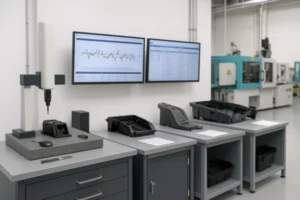 CMM inspection station measuring injection-molded plastic parts with SPC charts and inspection data on dual monitors.