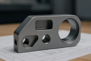 Custom CNC machined bracket with a large bore, threaded hole, and milled pockets, placed on an engineering drawing.