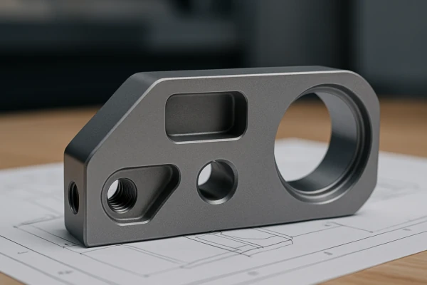 Custom CNC machined bracket with a large bore, threaded hole, and milled pockets, placed on an engineering drawing.