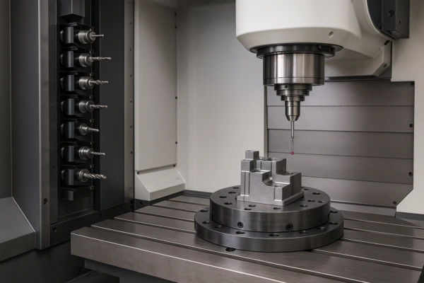 CNC machining center probing a precision-machined metal part on a rotary table, with tool magazine ready for tight-tolerance manufacturing.