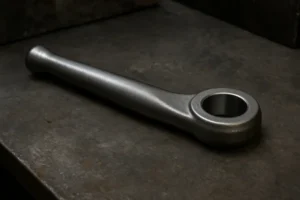 Custom forged rod end with precision-machined eye bore, shown as a forged steel component on a workshop table