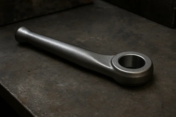Custom forged rod end with precision-machined eye bore, shown as a forged steel component on a workshop table