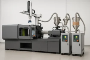 Industrial plastic injection molding machine with resin drying hoppers and robot arm for precision molded parts.