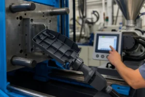 Robotic part removal in injection molding with operator adjusting HMI settings, showing molded plastic component and process control on the shop floor.