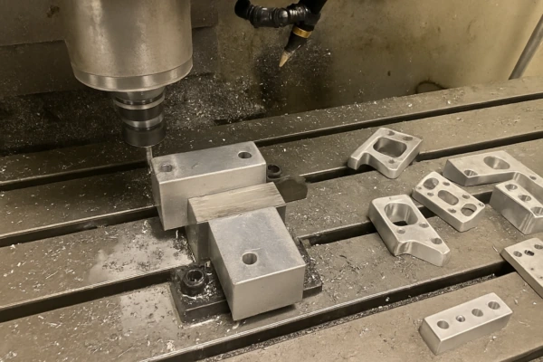 CNC milling operation machining aluminum parts on a fixture plate with multiple components staged on the machine table