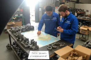 Engineers reviewing a shipping map in a machine shop beside custom machined metal parts and packaged orders.