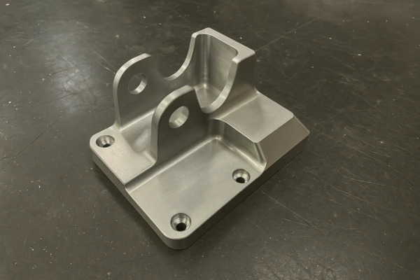 Precision CNC machined aluminum bracket with mounting holes and smooth milled surfaces on a workbench