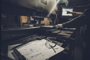Sheet metal fabrication setup at a press brake with an engineering drawing and safety glasses on the workbench.