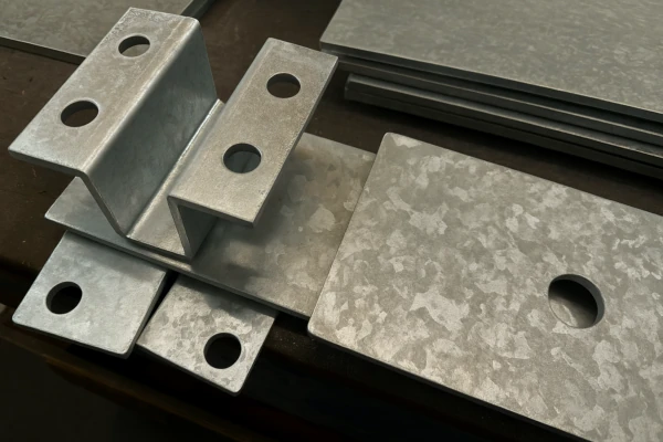 Galvanized steel brackets and punched plates with zinc spangle finish for corrosion-resistant structural hardware