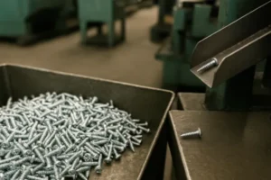Bin of zinc-coated self-tapping screws beside a production machine chute, showing bulk fastener manufacturing output