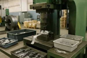 Metal stamping press forming a sheet metal bracket in a die, with finished stamped parts sorted in bins on the worktable.