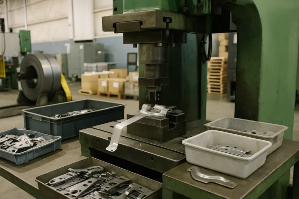 Metal stamping press forming a sheet metal bracket in a die, with finished stamped parts sorted in bins on the worktable.