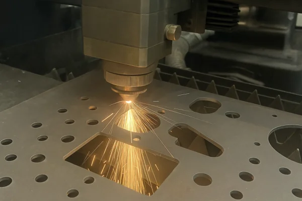 CNC fiber laser cutting a metal sheet with visible sparks and precision cutouts for custom fabricated components