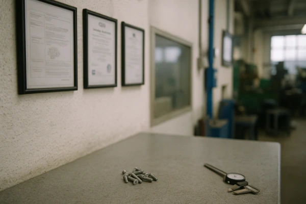 Factory quality control workbench with small fasteners and a dial caliper, with ISO certificates displayed on the wall