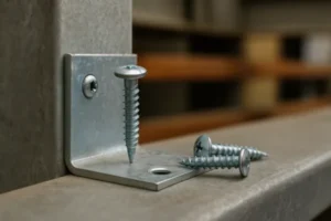 Self-tapping screws used with a metal L-bracket on sheet metal, showing fastening for assembly applications