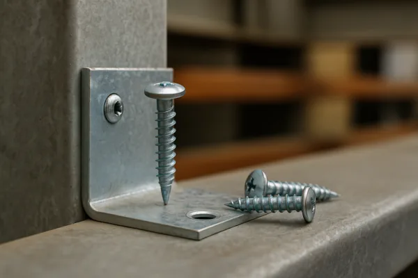 Self-tapping screws used with a metal L-bracket on sheet metal, showing fastening for assembly applications