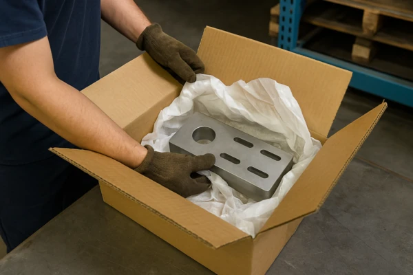 Worker packing a custom stamped metal part in a carton with protective paper wrap for OEM shipment and damage prevention.
