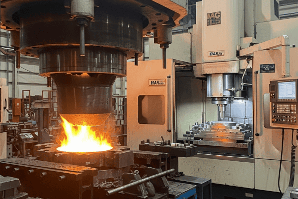 Hot forging process with glowing heated metal under a hydraulic forging press inside an industrial workshop.