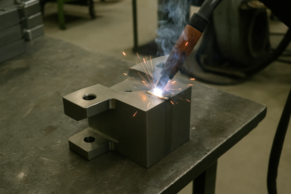 Arc welding process joining a machined metal bracket with visible sparks, showing OEM welding and metal fabrication for industrial components.