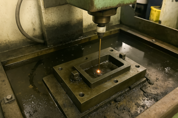 Precision Sinker EDM operation creating deep cavities for custom injection mold making.