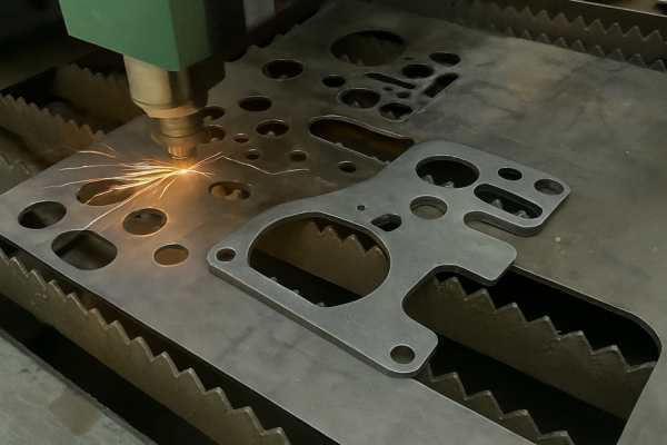 CNC laser cutting machine profiling a steel sheet with visible sparks and precision cutouts.
