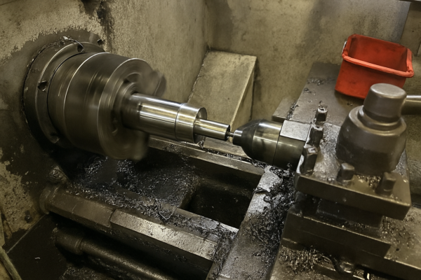 Close-up of CNC lathe turning process machining a cylindrical steel shaft.