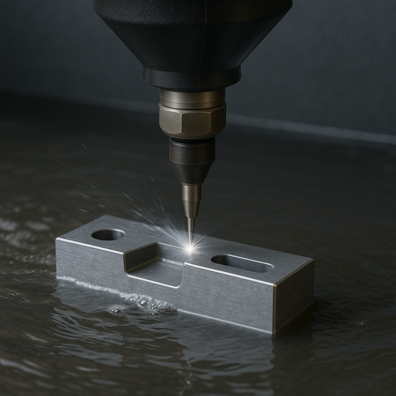 CNC abrasive water jet cutting machine slicing through thick metal block without heat distortion.