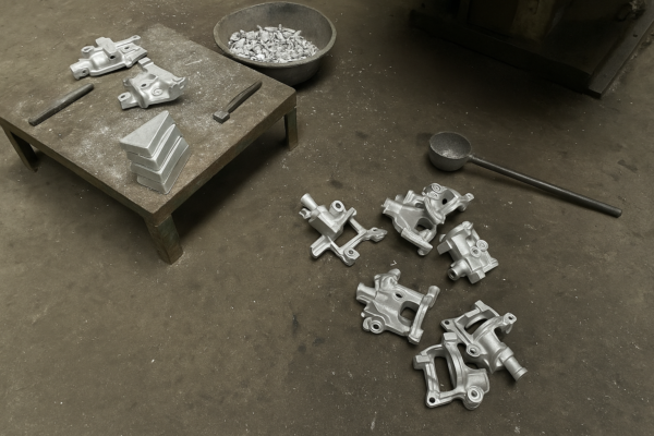 Custom cast aluminum alloy components displayed on foundry floor with raw material ingots.