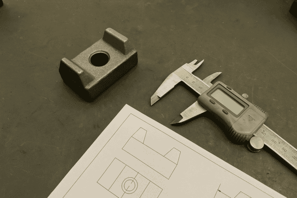 Digital caliper measuring a custom precision cast metal component next to a technical engineering drawing for industrial machinery parts.