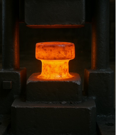 Closed-die forging of a red-hot steel preform under a forging press for near-net-shape components
