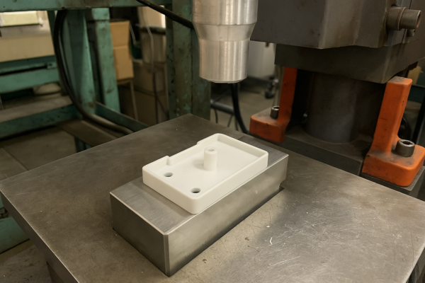 Ultrasonic welding or heat staking station assembling a custom molded plastic component on a metal fixture, showing OEM plastic part production.