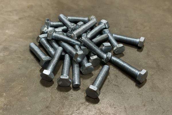 Pile of zinc-plated hex head bolts on an industrial workshop surface