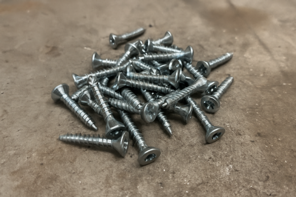 Pile of silver countersunk Phillips self-tapping screws on a workshop surface