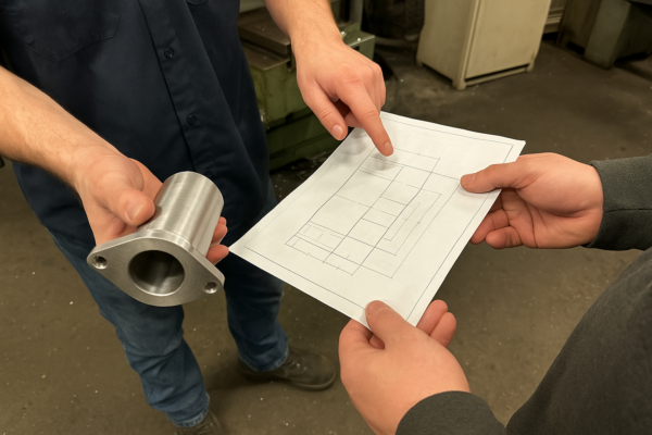 Engineers validating machined part dimensions against technical blueprint requirements.