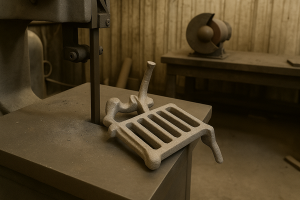 Cutting and trimming a cast grate component on a band saw during foundry finishing process