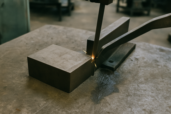 Cutting a metal workpiece on a workshop table with a cutting tool and tongs during CNC machining preparation